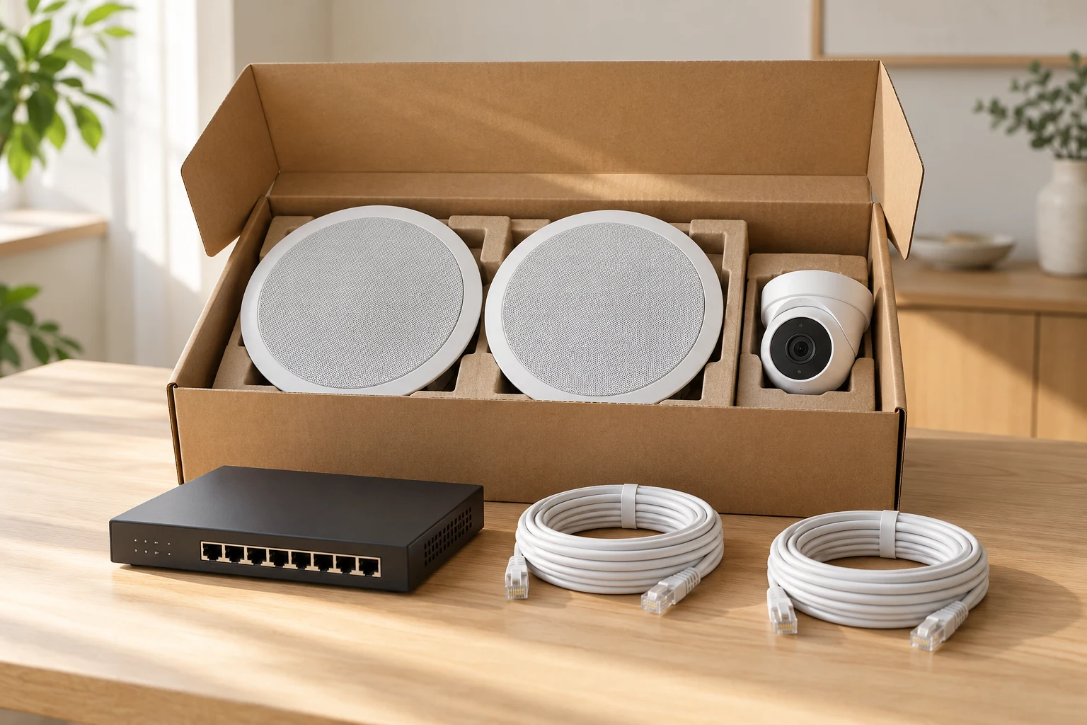 Illustrative DIY equipment package with ceiling speakers, a security camera, a network switch, and cables